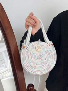 Mini Crochet Bag Colorblock Nylon Button Decor - White - View 6