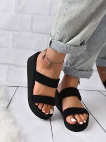 elegante Chanclas para con tira doble cuña Zapatillas - Negro - Ver 2