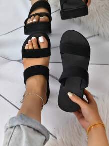 elegante Chanclas para con tira doble cuña Zapatillas - Negro - Ver 4