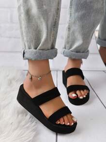 elegante Chanclas para con tira doble cuña Zapatillas - Negro - Ver 5