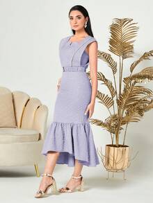 Modelyn Vestido con cinturón de cuello notch bajo con fruncido - Lila Púrpura - Ver 4