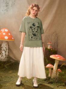 ROMWE Fairycore 蝴蝶和蘑菇圖案落肩T恤 - 綠色 - 查看 3