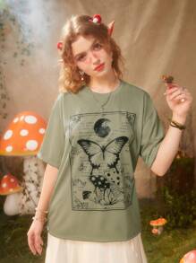 ROMWE Fairycore 蝴蝶和蘑菇圖案落肩T恤 - 綠色 - 查看 4