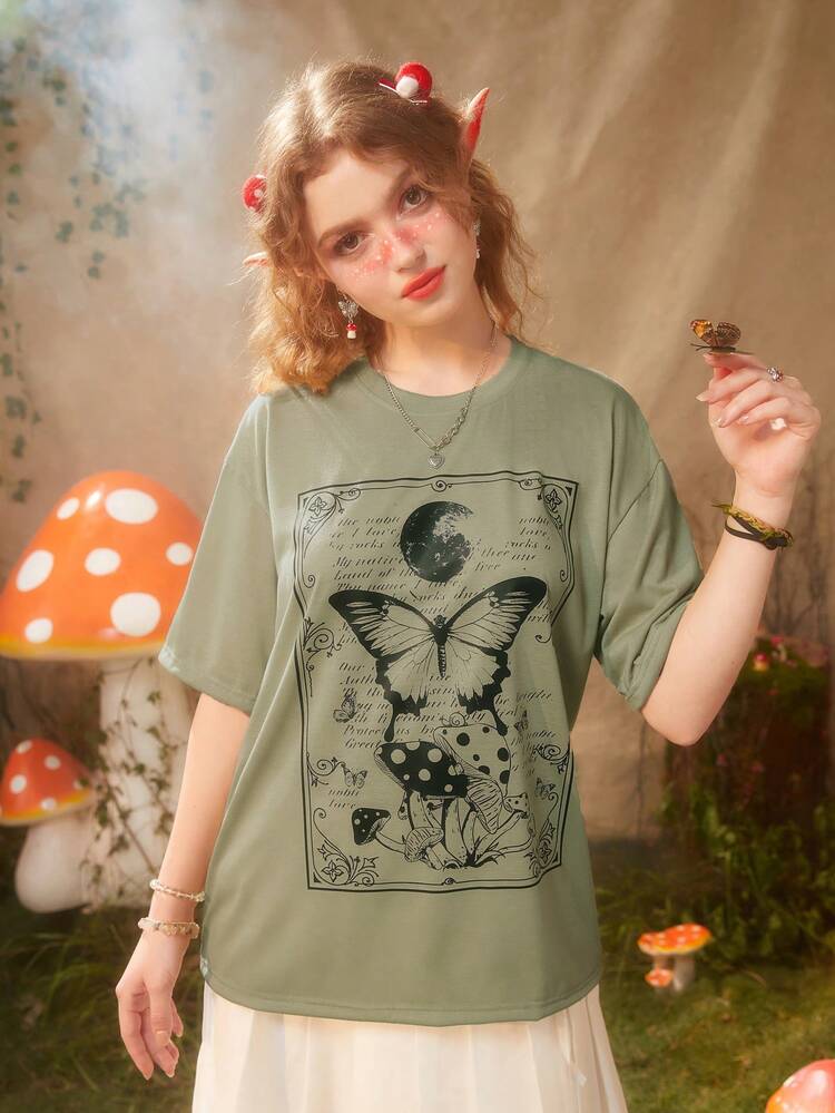 ROMWE Fairycore 蝴蝶和蘑菇圖案落肩T恤 - 綠色 - 查看 4