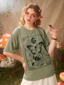 ROMWE Fairycore 蝴蝶和蘑菇圖案落肩T恤 - 綠色 - 查看 1