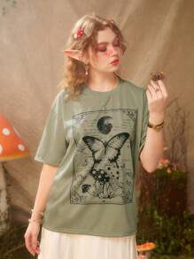 ROMWE Fairycore 蝴蝶和蘑菇圖案落肩T恤 - 綠色 - 查看 6