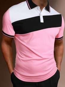 Manfinity Homme Men Colour Block Striped Trim Polo Shirt - Pink - View 2