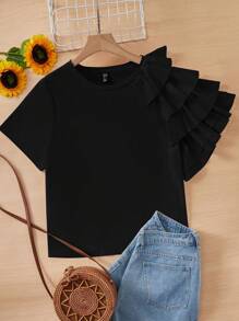 SHEIN Essnce Plus Solid Ruffle Trim Tee