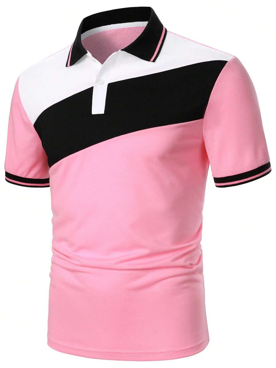 Manfinity Homme Men Colour Block Striped Trim Polo Shirt - Pink - View 1
