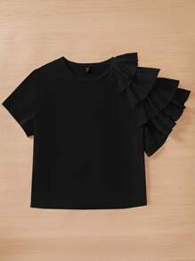 SHEIN Essnce Plus Solid Ruffle Trim Tee