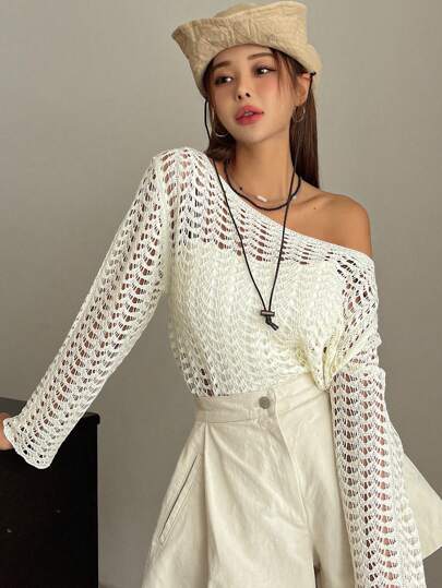 DAZY Top de Tricô Aberto Sólido Sem Sutiã, Manga Longa Transparente, Roupas Femininas de Outono