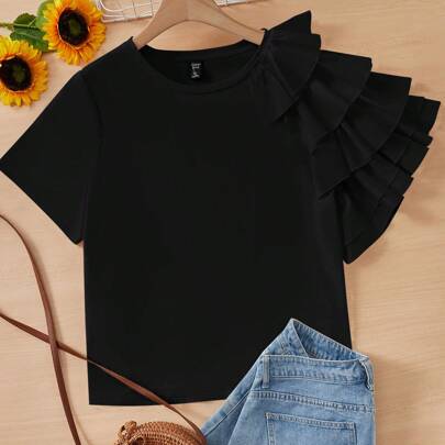 Plus Solid Ruffle Trim Tee