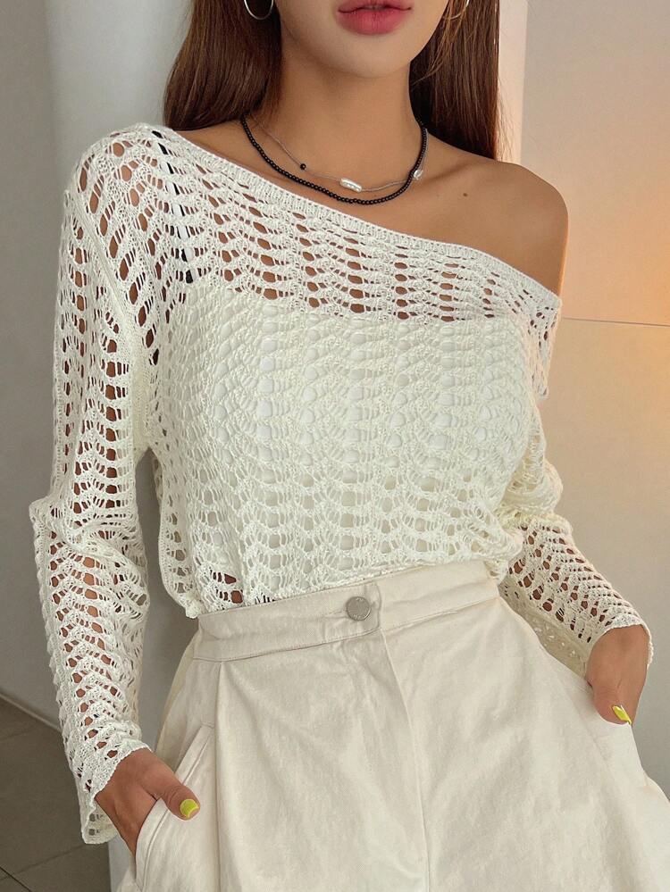 Solid Open Knit Top Without Bra Sheer Long Sleeve Women Tops,Fall Women Clothes