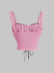SHEIN MOD 蕾絲拼接胸部褶皺前繫帶吊帶上衣 - 粉色 - 查看 2