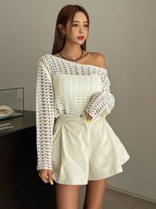 DAZY Áo len hở trơn không có áo ngực, áo dài tay mỏng nhẹ dành cho nữ, quần áo mùa thu dành cho nữ - Màu be - Xem 7