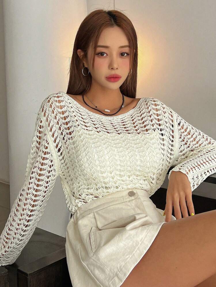 Solid Open Knit Top Without Bra Sheer Long Sleeve Women Tops,Fall Women Clothes