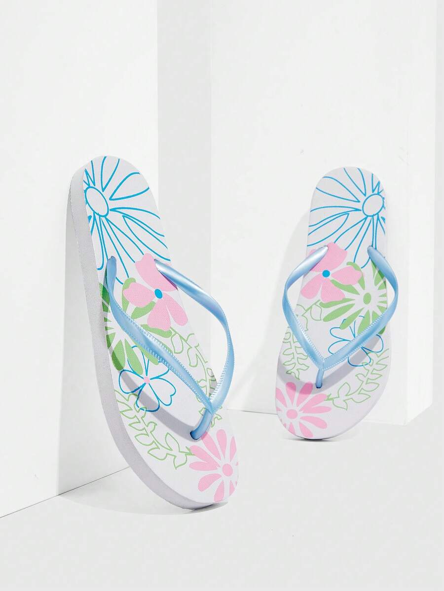 Grefit Women Floral Pattern Toe Post Flip-Flops, Fashion PVC Flip Flops - Blue - View 1