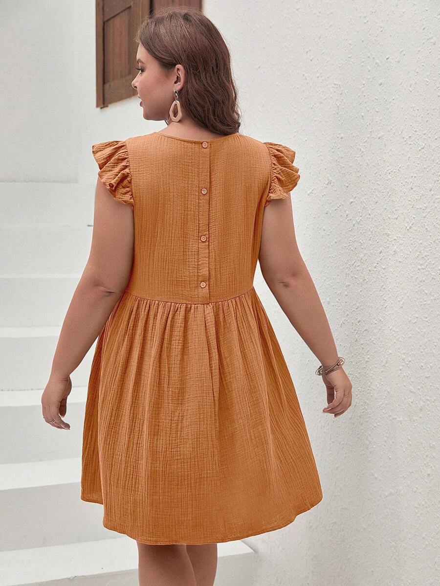 SHEIN Frenchy Vestido smock con botón trasero ribete con fruncido - Amarillo Mostaza - Ver 1