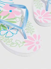 Grefit Women Floral Pattern Toe Post Flip-Flops, Fashion PVC Flip Flops - Blue - View 3