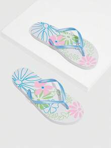 Grefit Women Floral Pattern Toe Post Flip-Flops, Fashion PVC Flip Flops - Blue - View 5
