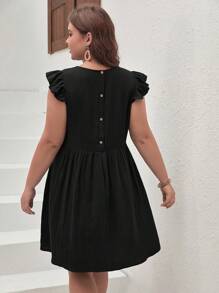 SHEIN Frenchy 大碼後紐扣荷葉邊娃娃裙 - 黑色 - 查看 1