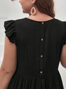 SHEIN Frenchy 大碼後紐扣荷葉邊娃娃裙 - 黑色 - 查看 2
