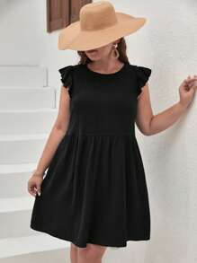 SHEIN Frenchy 大碼後紐扣荷葉邊娃娃裙 - 黑色 - 查看 6