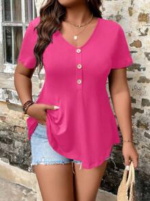 SHEIN LUNE Camiseta con botón peplum - Rosa Fucsia - Ver 1