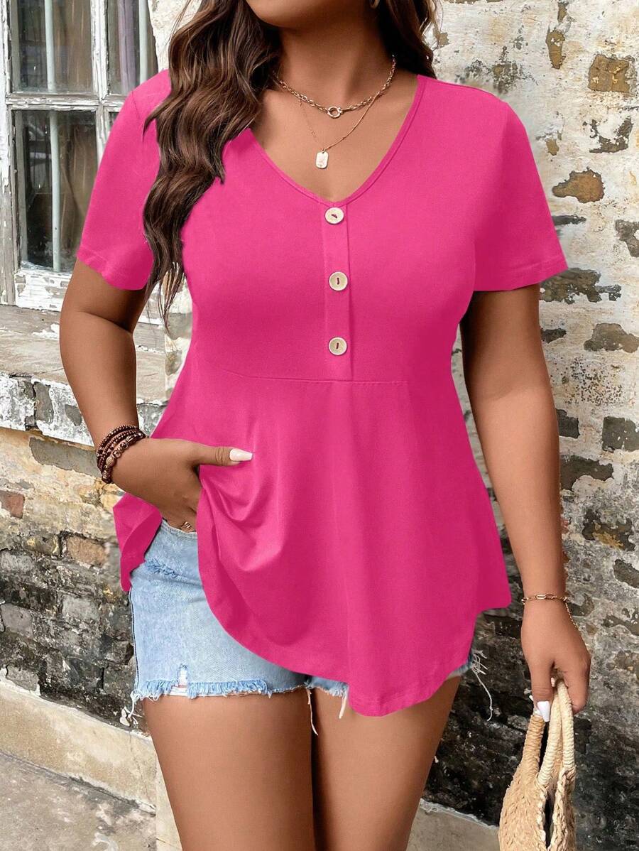 SHEIN LUNE Camiseta con botón peplum - Rosa Fucsia - Ver 1