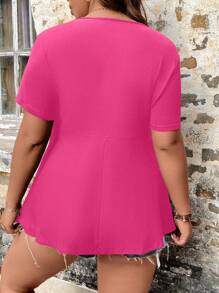 SHEIN LUNE Camiseta con botón peplum - Rosa Fucsia - Ver 2