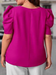 SHEIN Clasi Plus Keyhole Neckline Puff Sleeve Blouse - Hot Pink - View 2