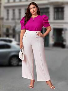 SHEIN Clasi Plus Keyhole Neckline Puff Sleeve Blouse - Hot Pink - View 4