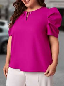 SHEIN Clasi Plus Keyhole Neckline Puff Sleeve Blouse - Hot Pink - View 5