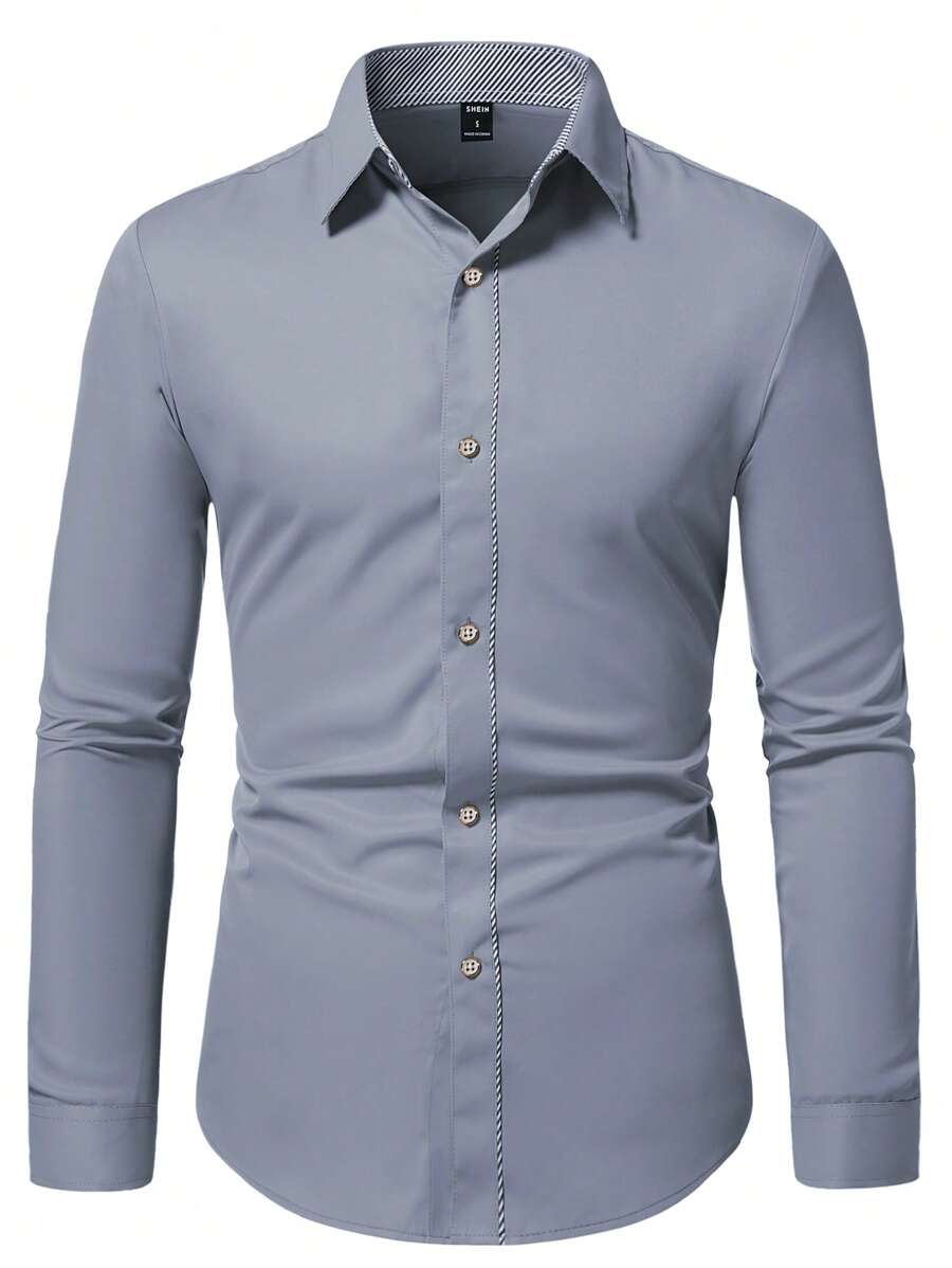 Manfinity Mode Men Contrast Trim Button Up Shirt - Dark Grey - View 1