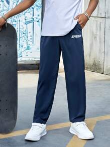 SHEIN Boys Letter Graphic Tie Waist Pants - Navy Blue - View 3