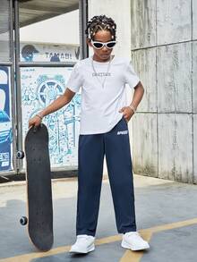 SHEIN Boys Letter Graphic Tie Waist Pants - Navy Blue - View 5