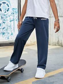 SHEIN Boys Letter Graphic Tie Waist Pants - Navy Blue - View 6