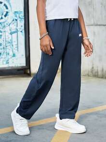 SHEIN Boys Letter Graphic Tie Waist Pants - Navy Blue - View 7