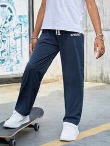 SHEIN Boys Letter Graphic Tie Waist Pants - Navy Blue - View 9