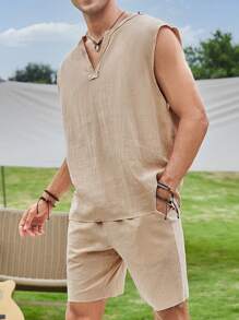 Manfinity VCAY Loose Fit Men Cotton Short Sleeve Top And Shorts Set - Khaki - View 1