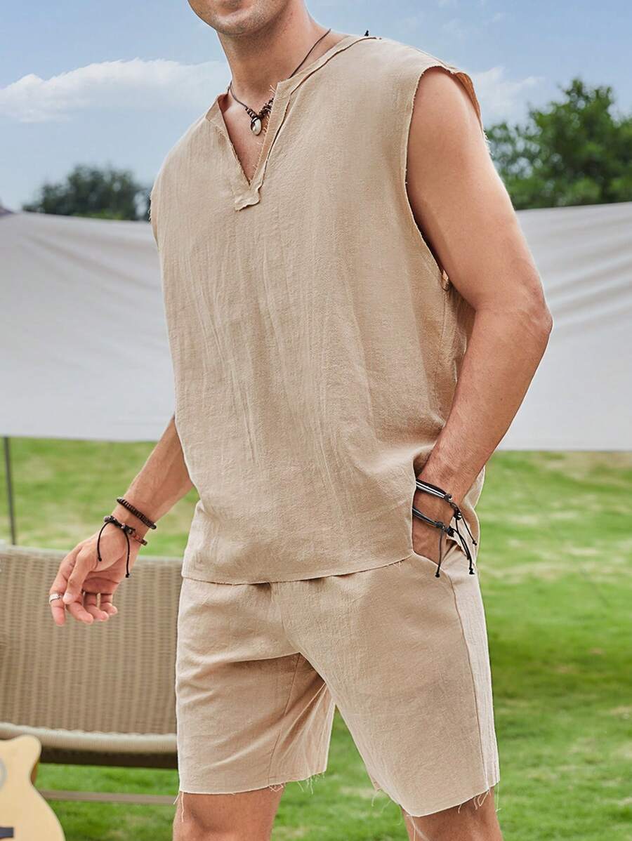 Manfinity VCAY Loose Fit Men Cotton Short Sleeve Top And Shorts Set - Khaki - View 1