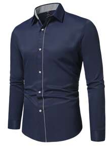 Manfinity Mode 男士拼接邊前排扣襯衫 - 藏蓝色 - 查看 2