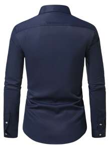 Manfinity Mode 男士拼接邊前排扣襯衫 - 藏蓝色 - 查看 3