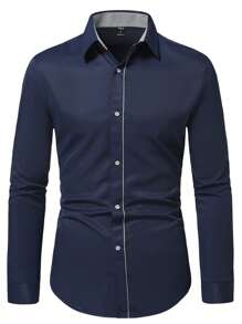 Manfinity Mode 男士拼接邊前排扣襯衫 - 藏蓝色 - 查看 1