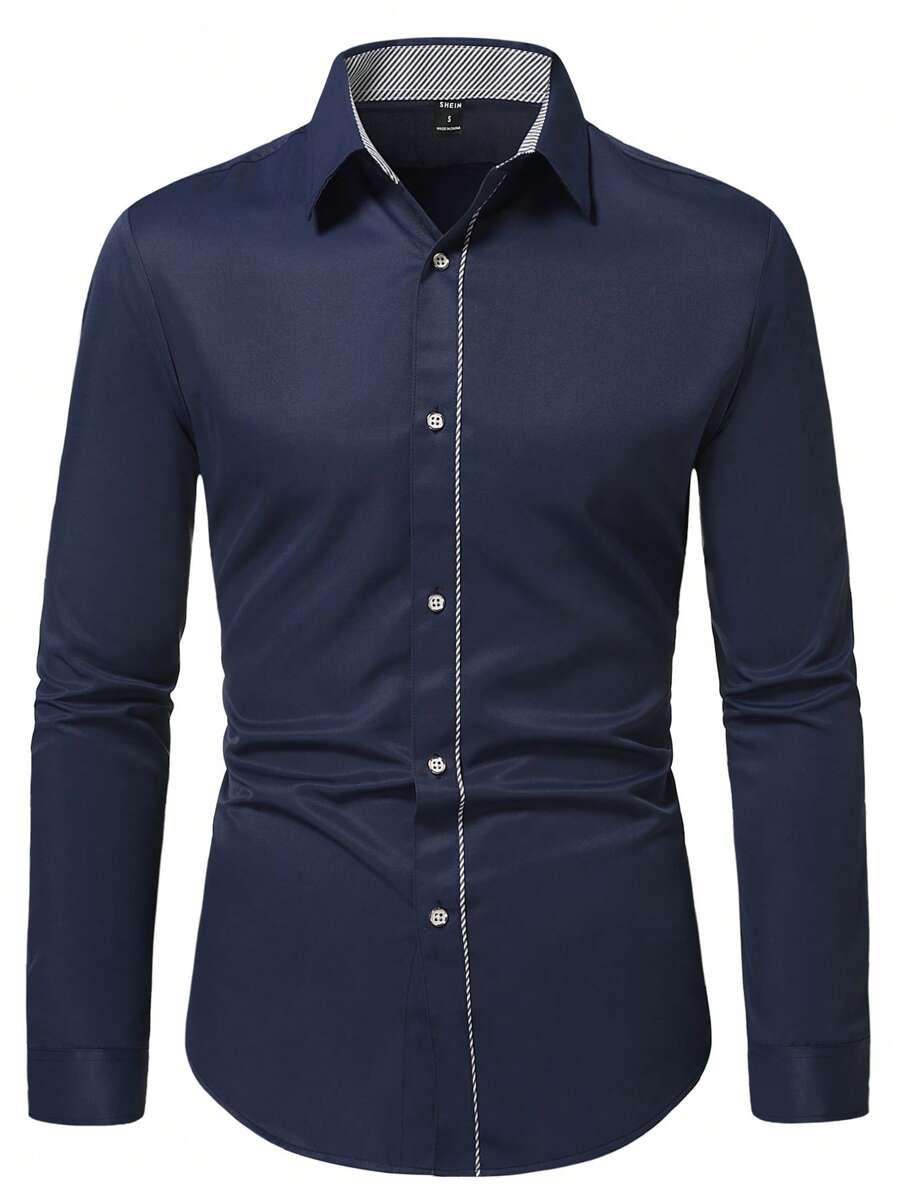 Manfinity Mode 男士拼接邊前排扣襯衫 - 藏蓝色 - 查看 1