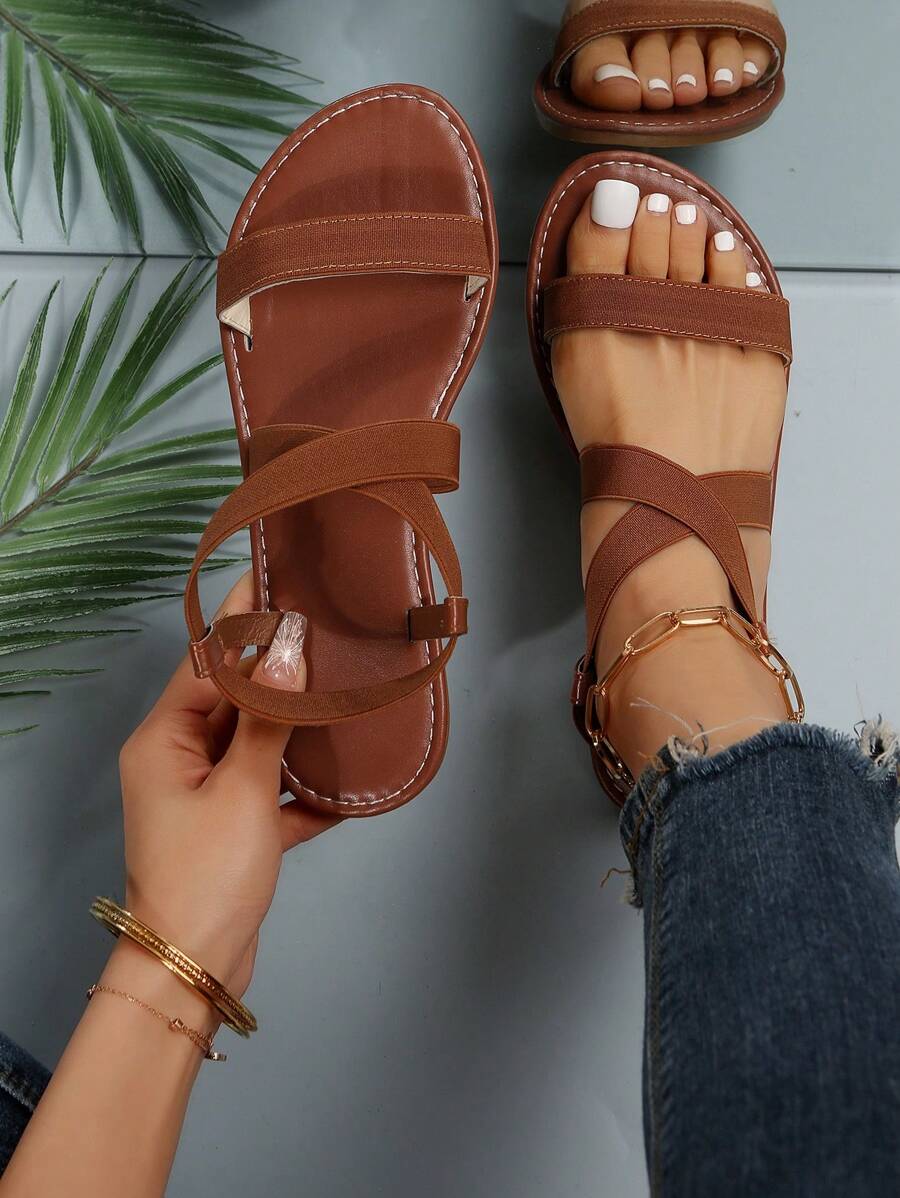 Elegant Ankle Strap Sandals For Women, Canvas Cross Strap Flat Sandals - Brown - View 1