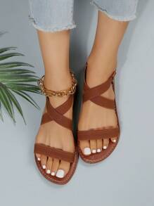 Elegant Ankle Strap Sandals For Women, Canvas Cross Strap Flat Sandals - Brown - View 2