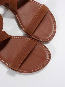 Elegant Ankle Strap Sandals For Women, Canvas Cross Strap Flat Sandals - Brown - View 3