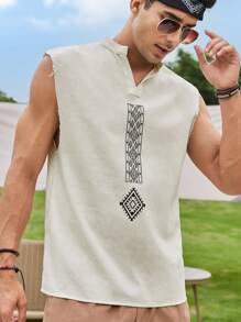 Manfinity RSRT Men Geo Print Notched Neckline Sleeveless Linen Vacation Boho Shirt, Boyfriend Gift - Beige - View 1
