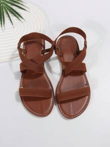 Elegant Ankle Strap Sandals For Women, Canvas Cross Strap Flat Sandals - Brown - View 6